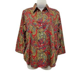 Lauren Ralph Lauren Size L Red Paisley Button Front 3/4 Sleeve Cotton Shirt Top